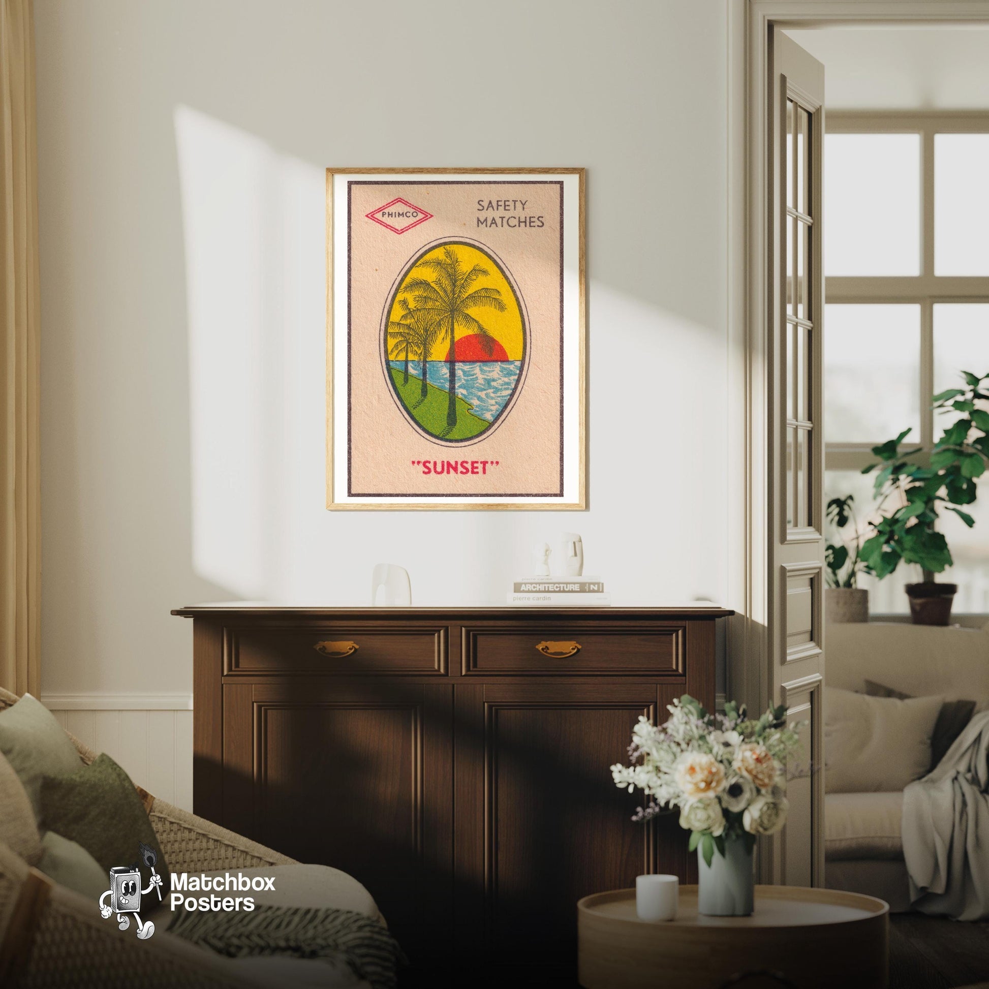 Palm Trees - vintage matchbox label print - living room mockup