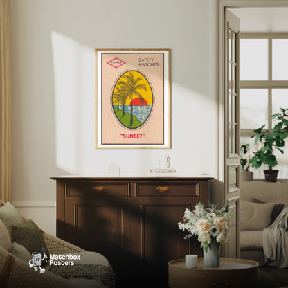 Palm Trees - vintage matchbox label print - living room mockup