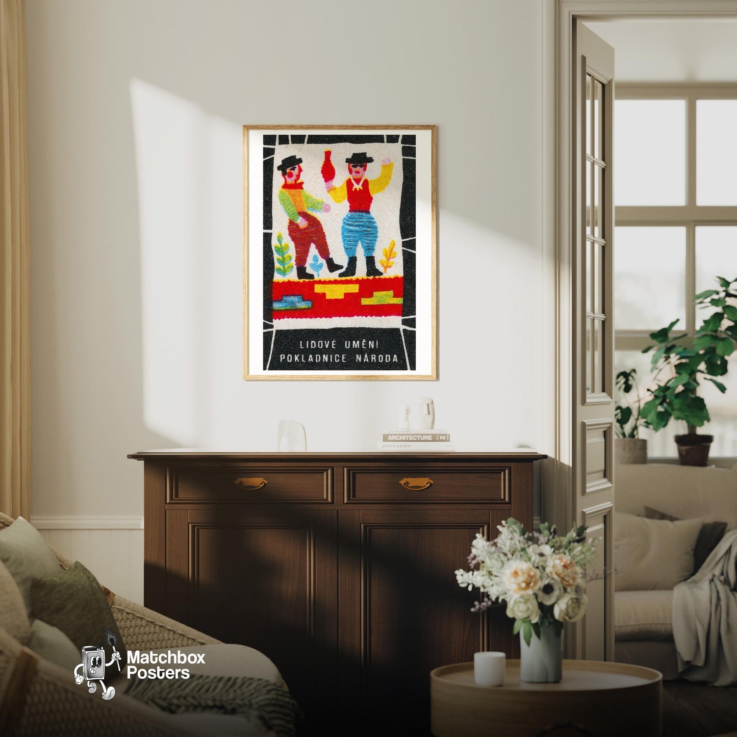 Dancing Men - vintage matchbox label print - living room mockup