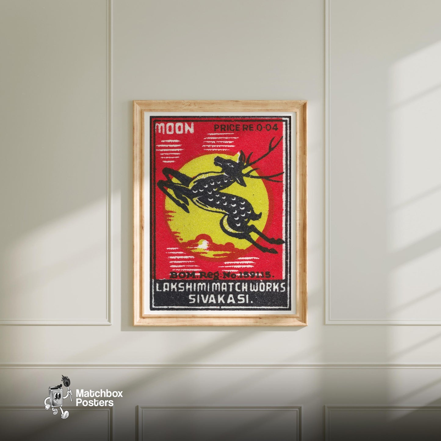 Jumping Deer - vintage matchbox label print - bedroom mockup