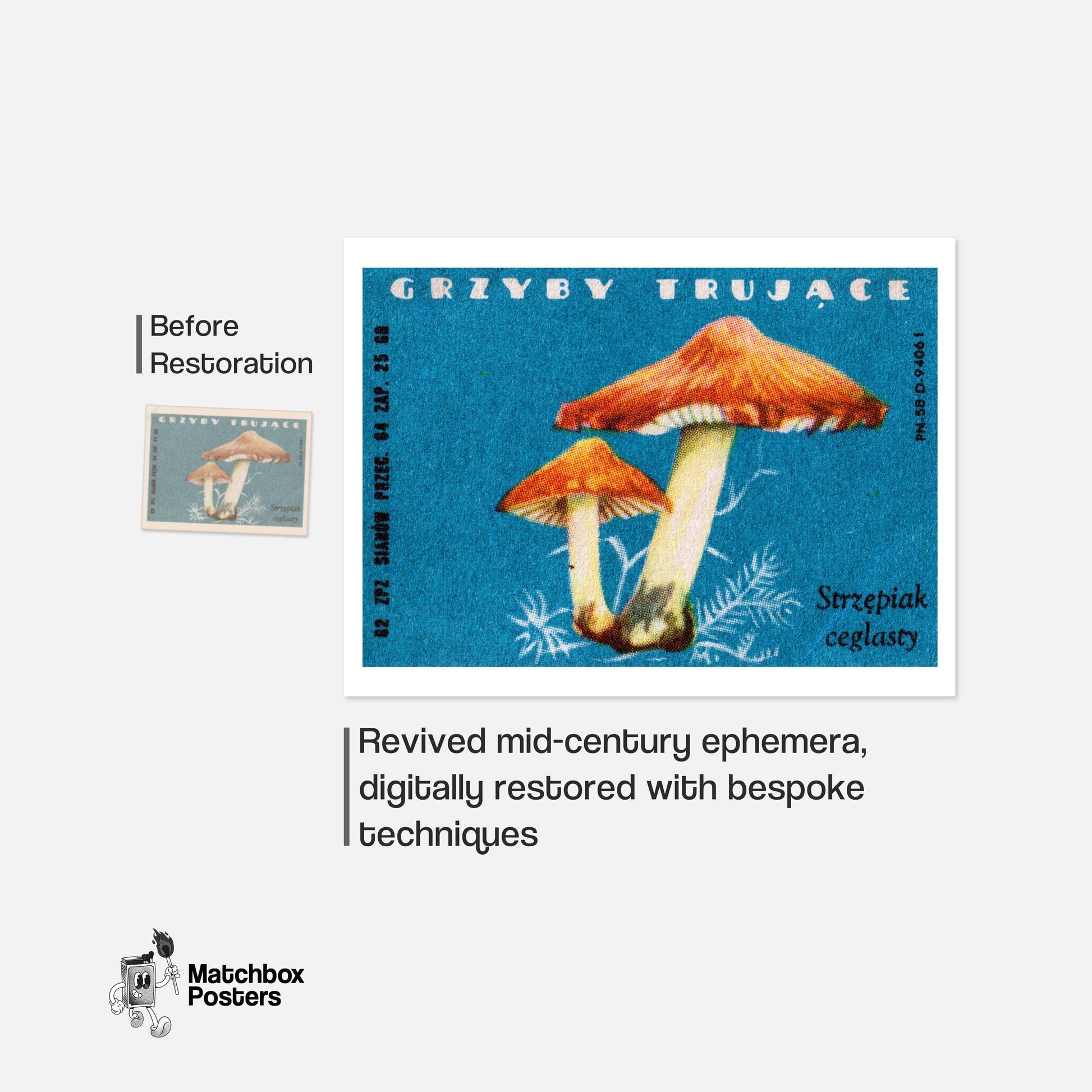 Two Red-Capped Mushrooms - vintage matchbox label print - framed wall art preview