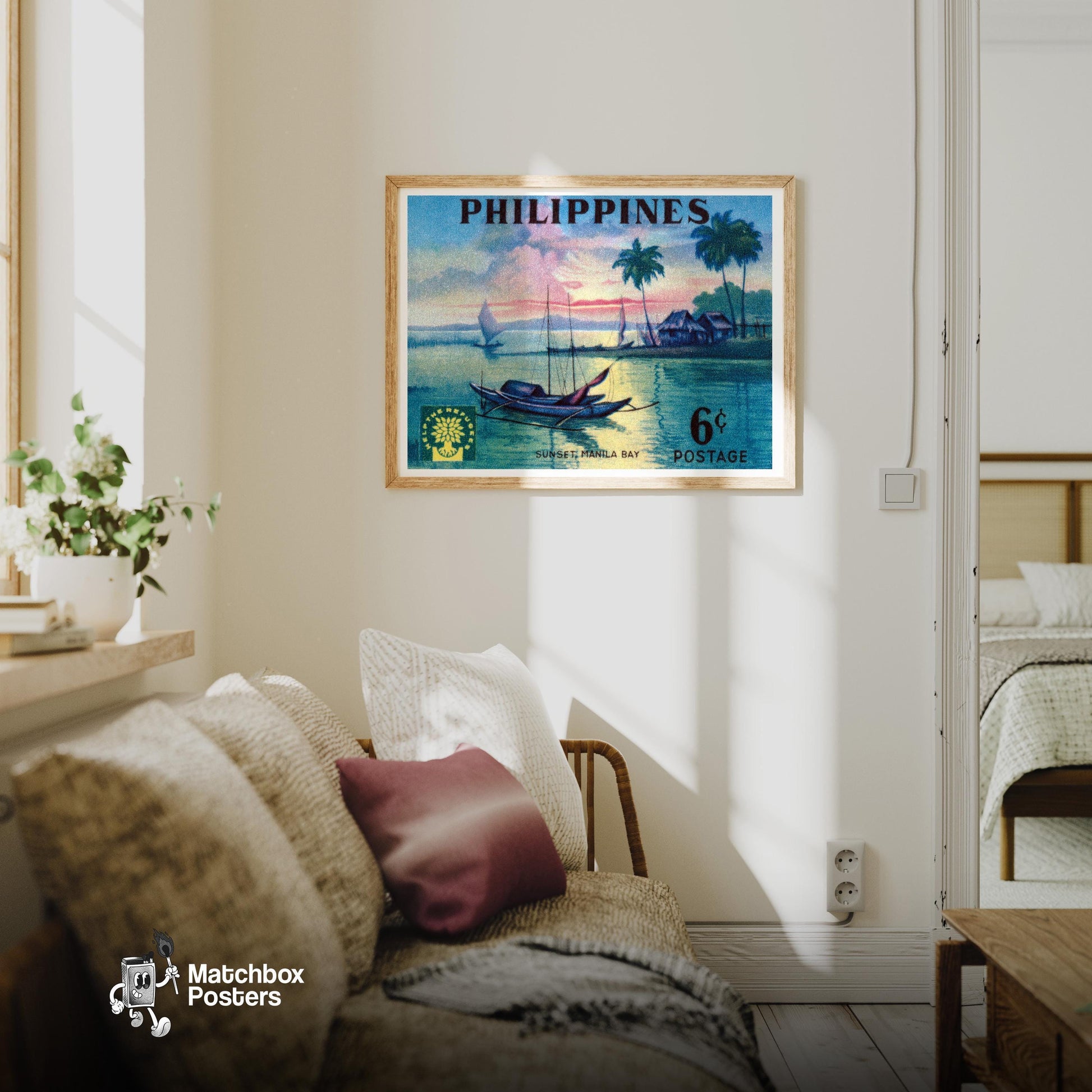 Sunset Over Manila Bay - vintage matchbox label print - living room mockup