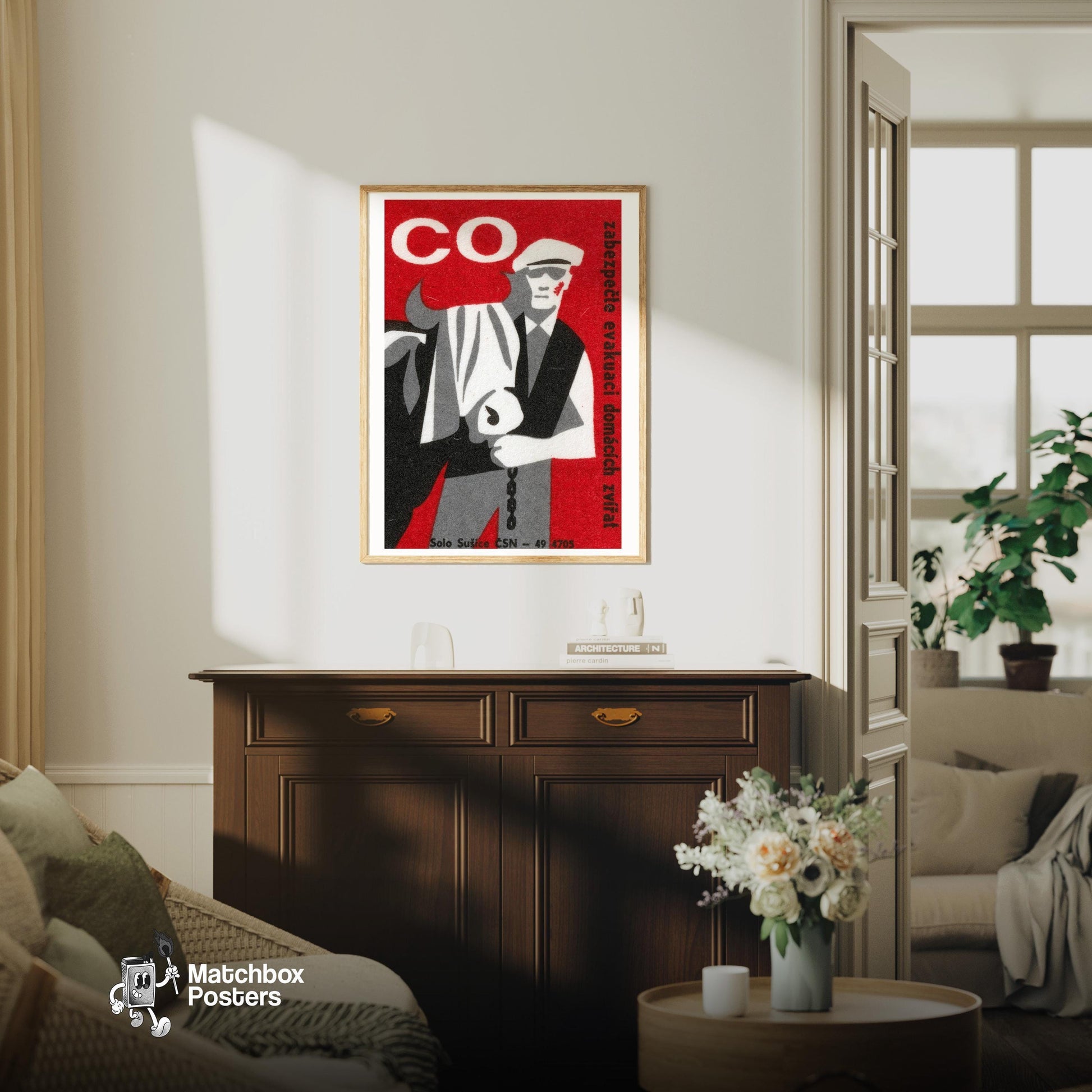 Cow Farmer - vintage matchbox label print - living room mockup