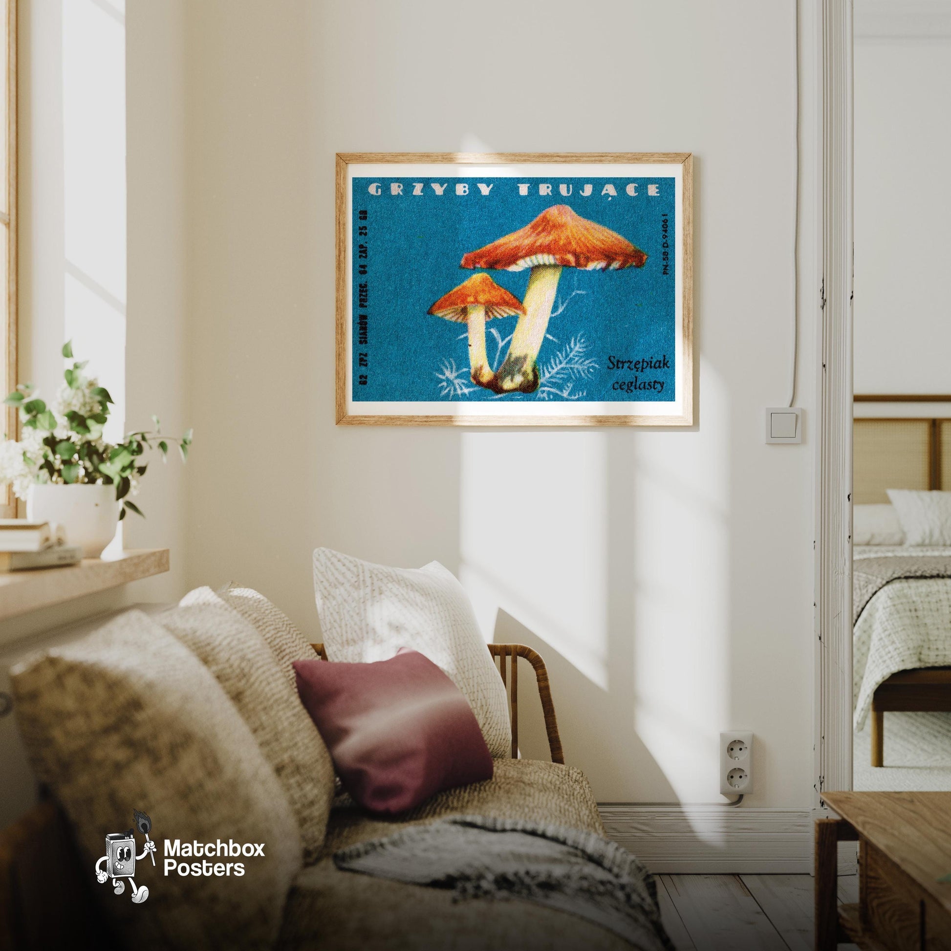 Two Red-Capped Mushrooms - vintage matchbox label print - living room mockup