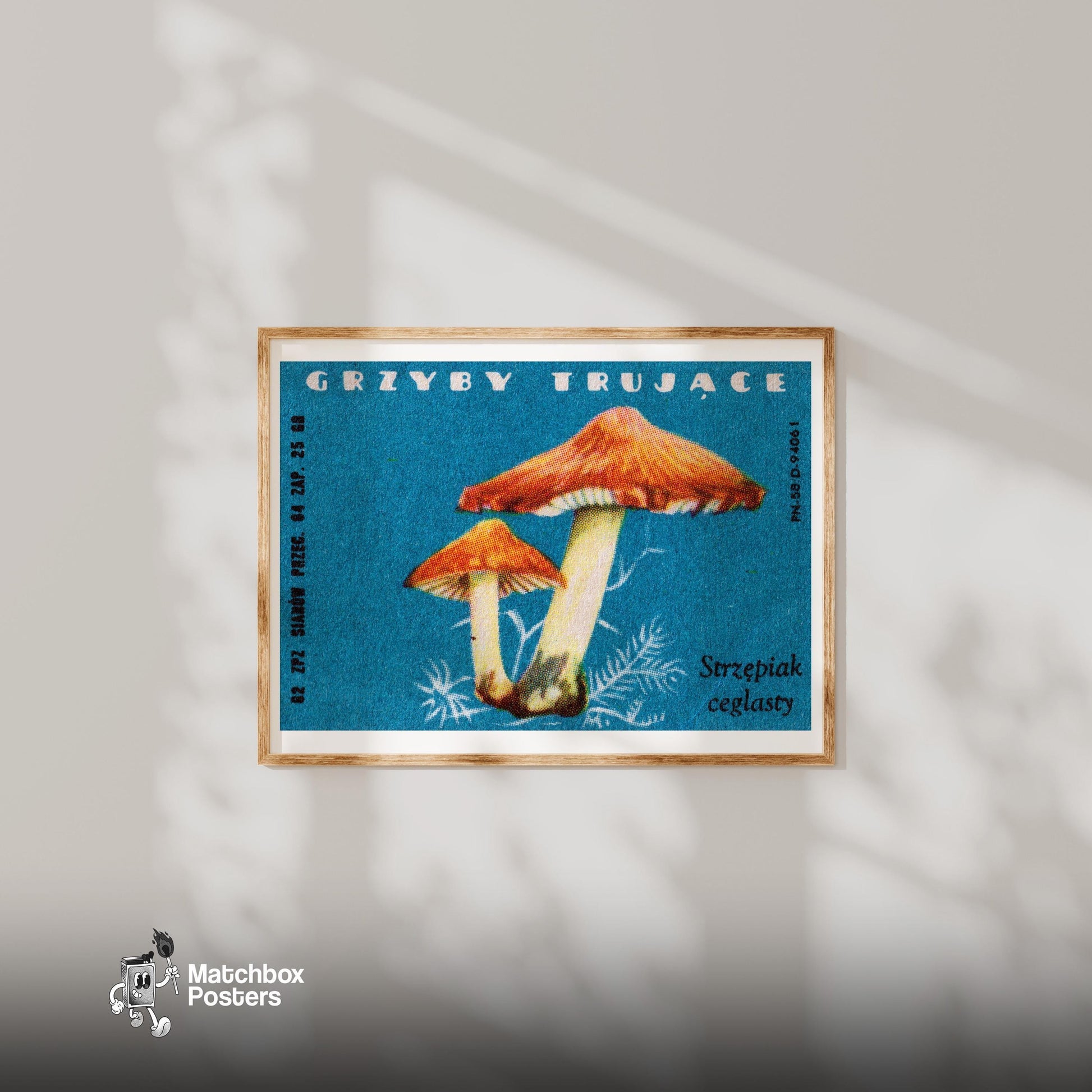 Two Red-Capped Mushrooms - vintage matchbox label print - bedroom mockup
