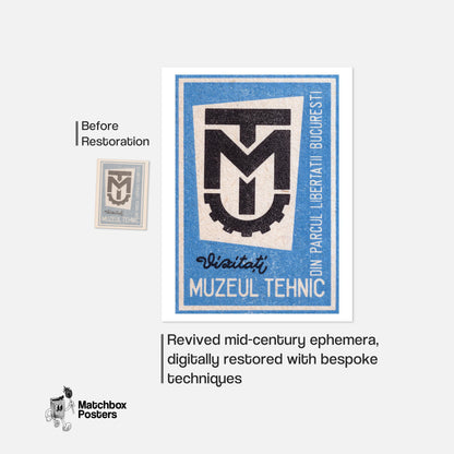 Bucharest Technical Museum - vintage matchbox label print - framed wall art preview