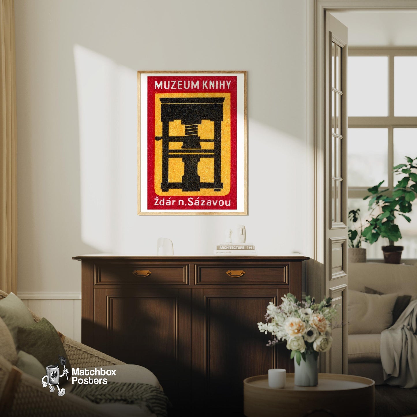 Hydraulic Press - vintage matchbox label print - living room mockup