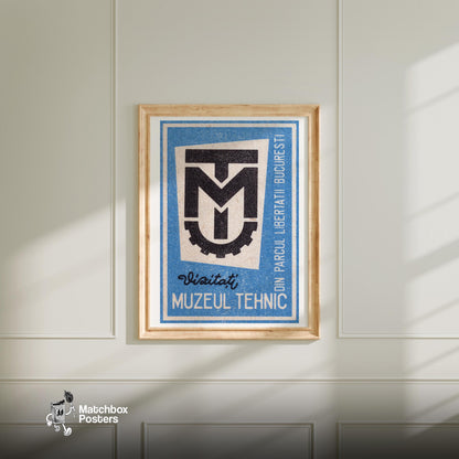 Bucharest Technical Museum - vintage matchbox label print - bedroom mockup