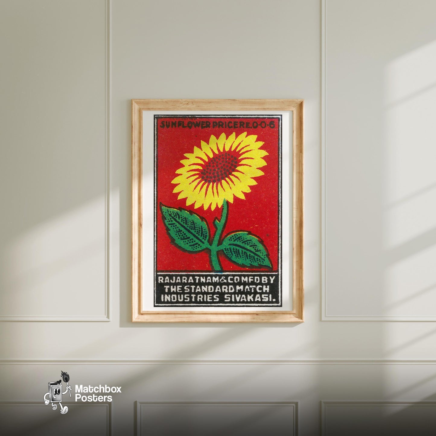 Sunflower - vintage matchbox label print - bedroom mockup
