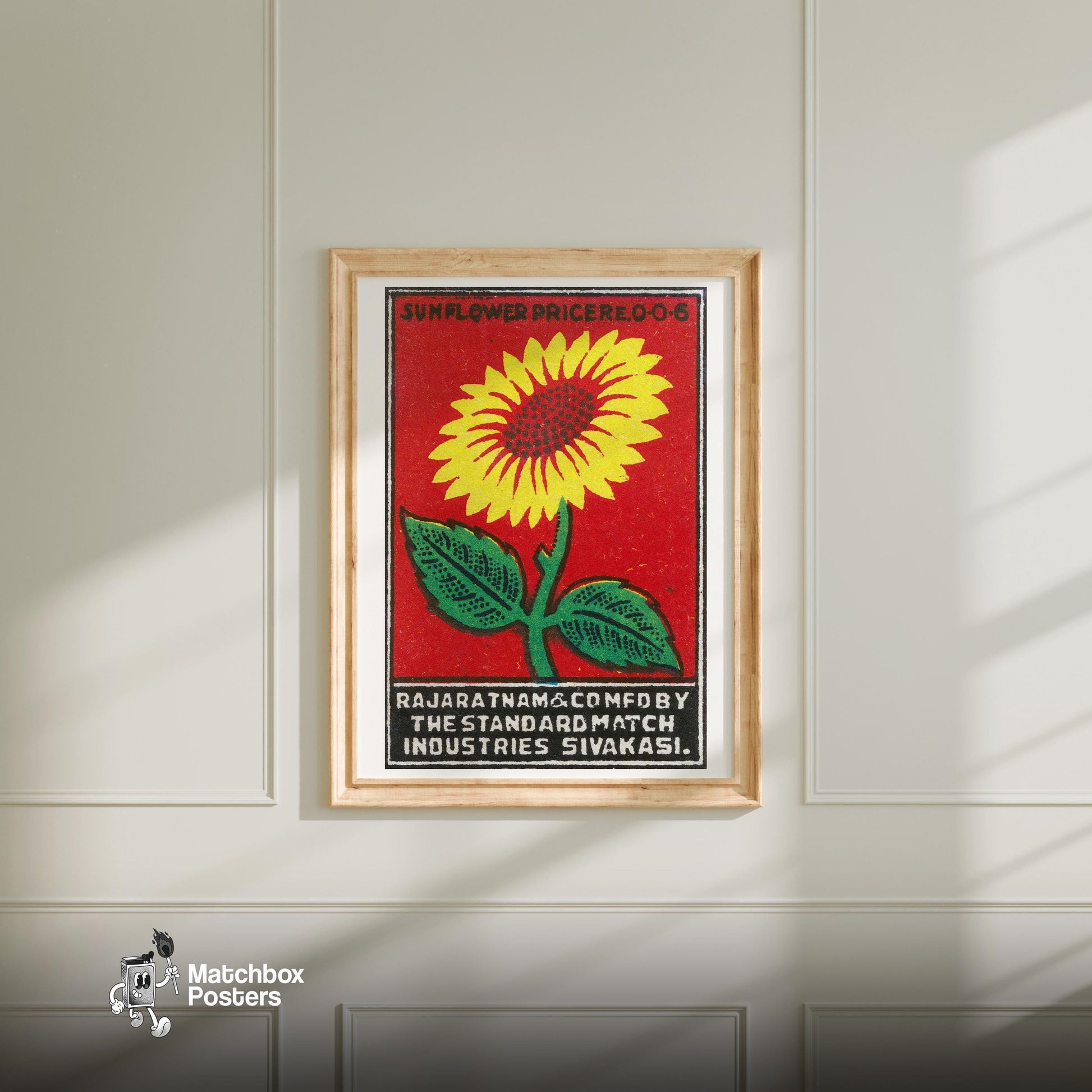Sunflower - vintage matchbox label print - bedroom mockup