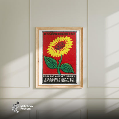 Sunflower - vintage matchbox label print - bedroom mockup