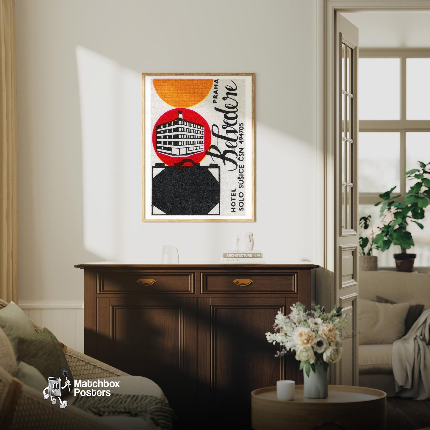 Modern Architecture - vintage matchbox label print - living room mockup