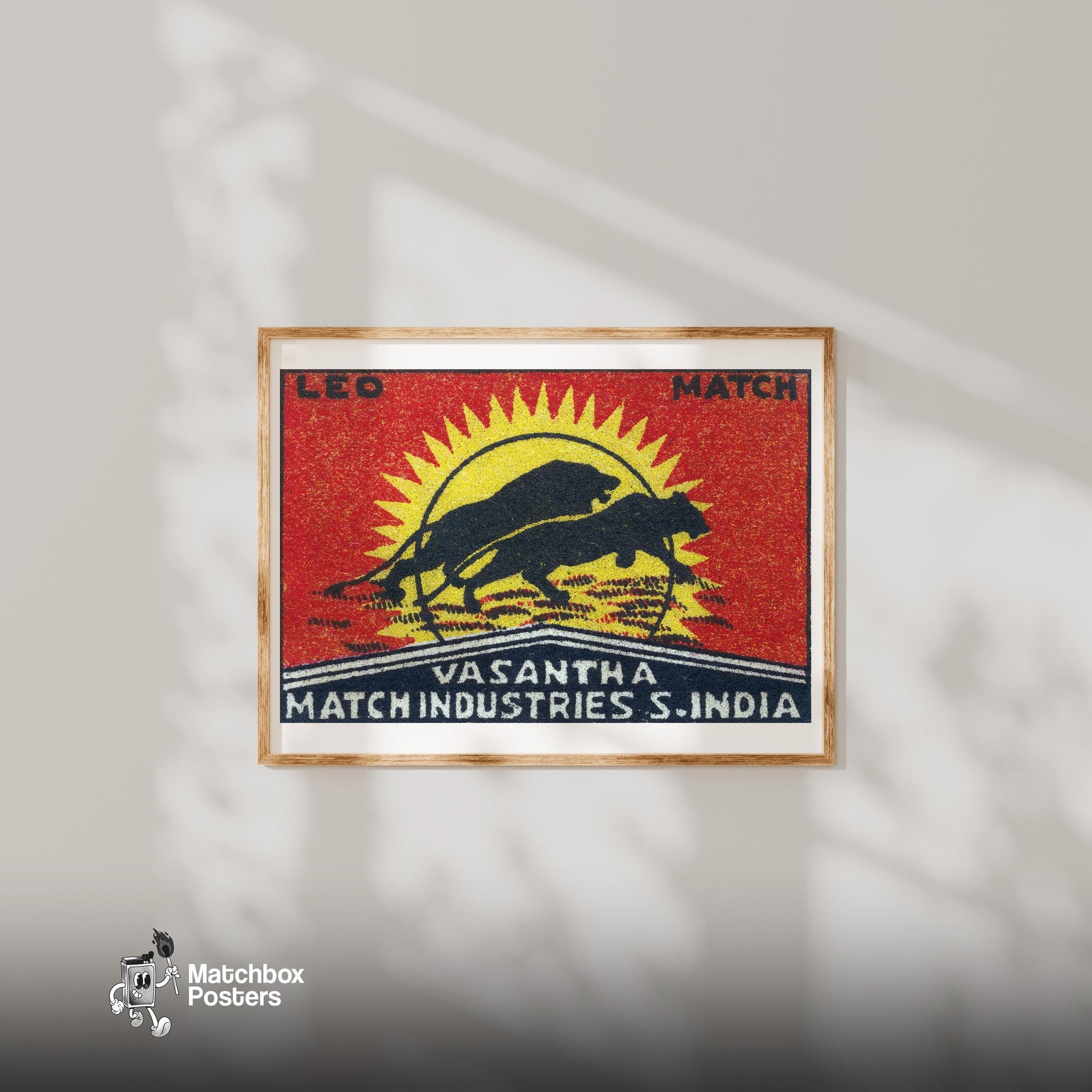 Running Lions - vintage matchbox label print - bedroom mockup