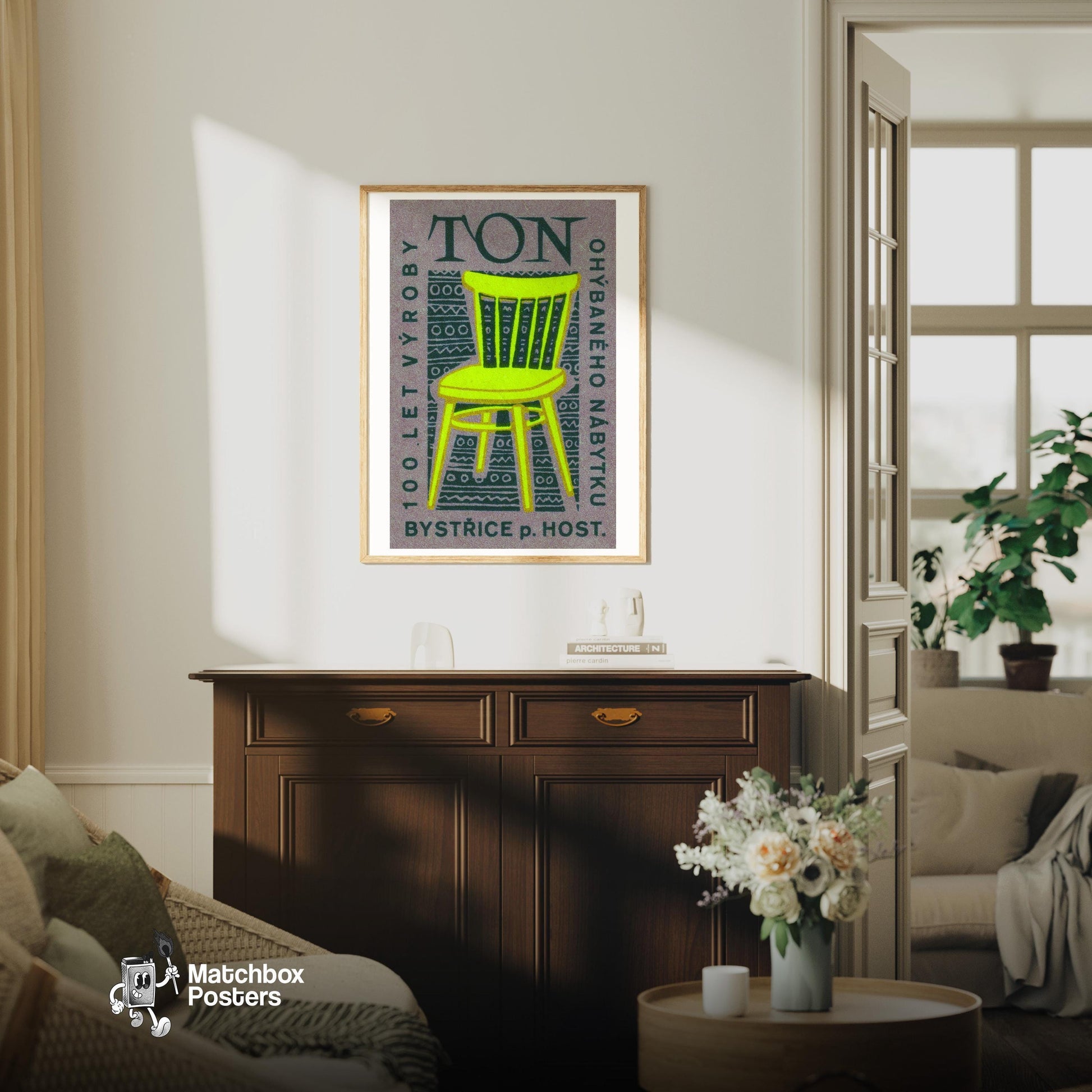 Yellow Chair - vintage matchbox label print - living room mockup