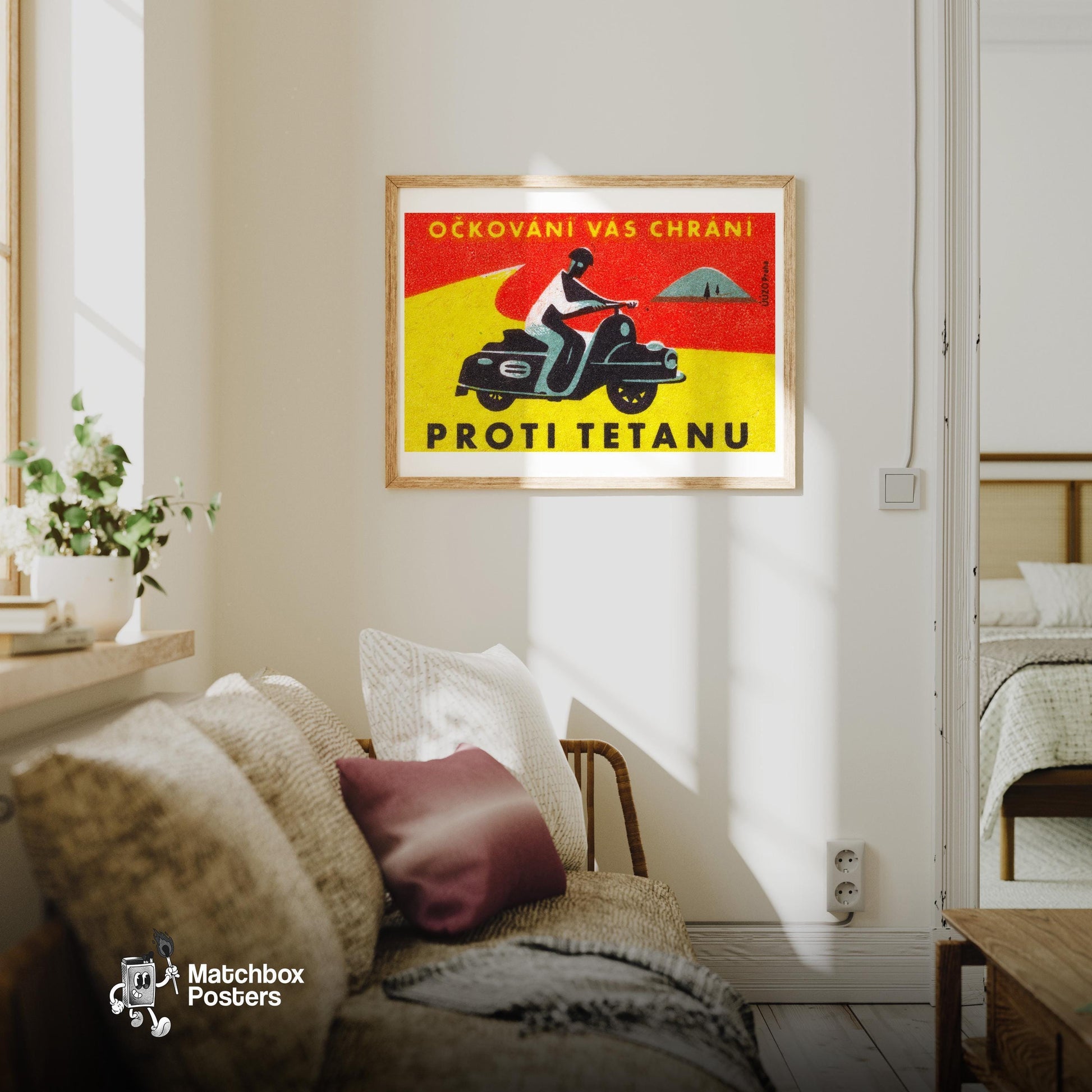 Person Riding A Motorcycle - vintage matchbox label print - living room mockup