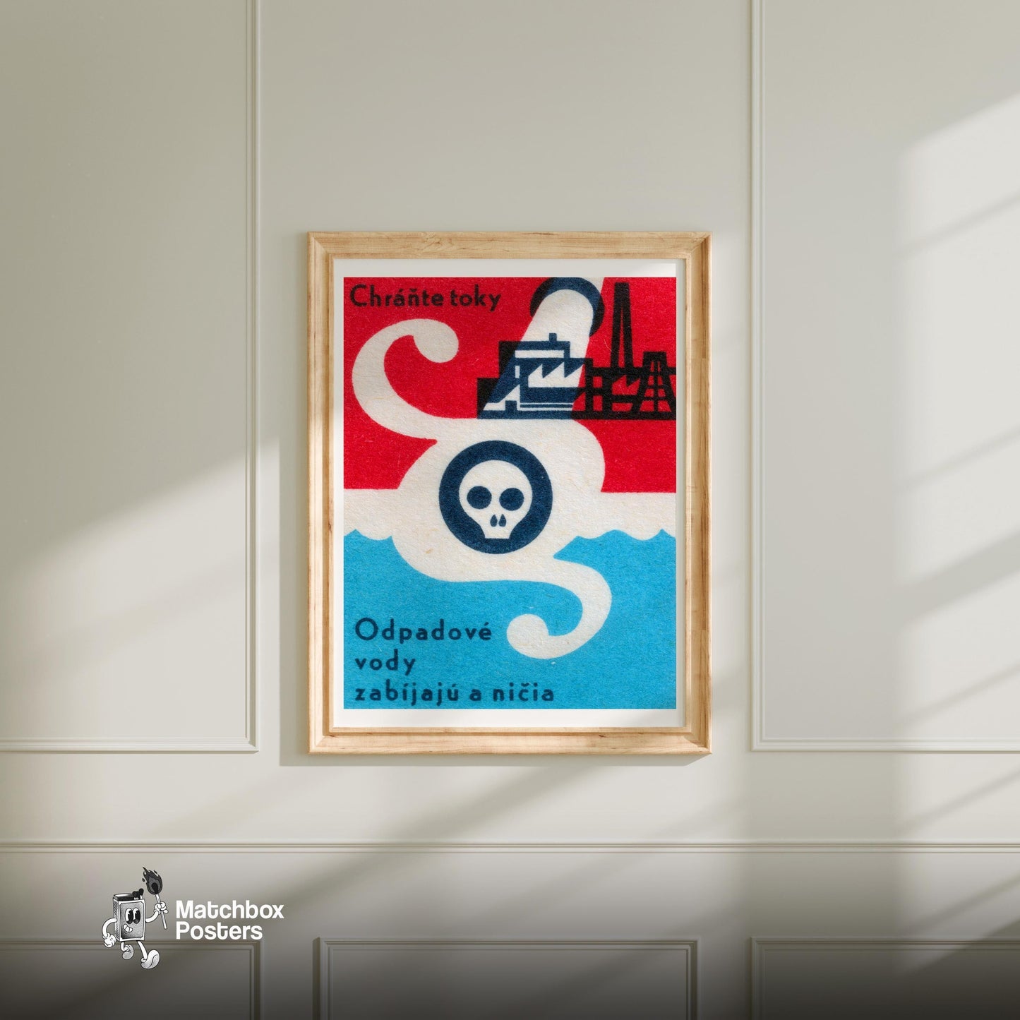 Water Pollution Skull - vintage matchbox label print - bedroom mockup
