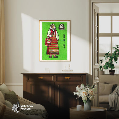 Serbian Woman - vintage matchbox label print - living room mockup