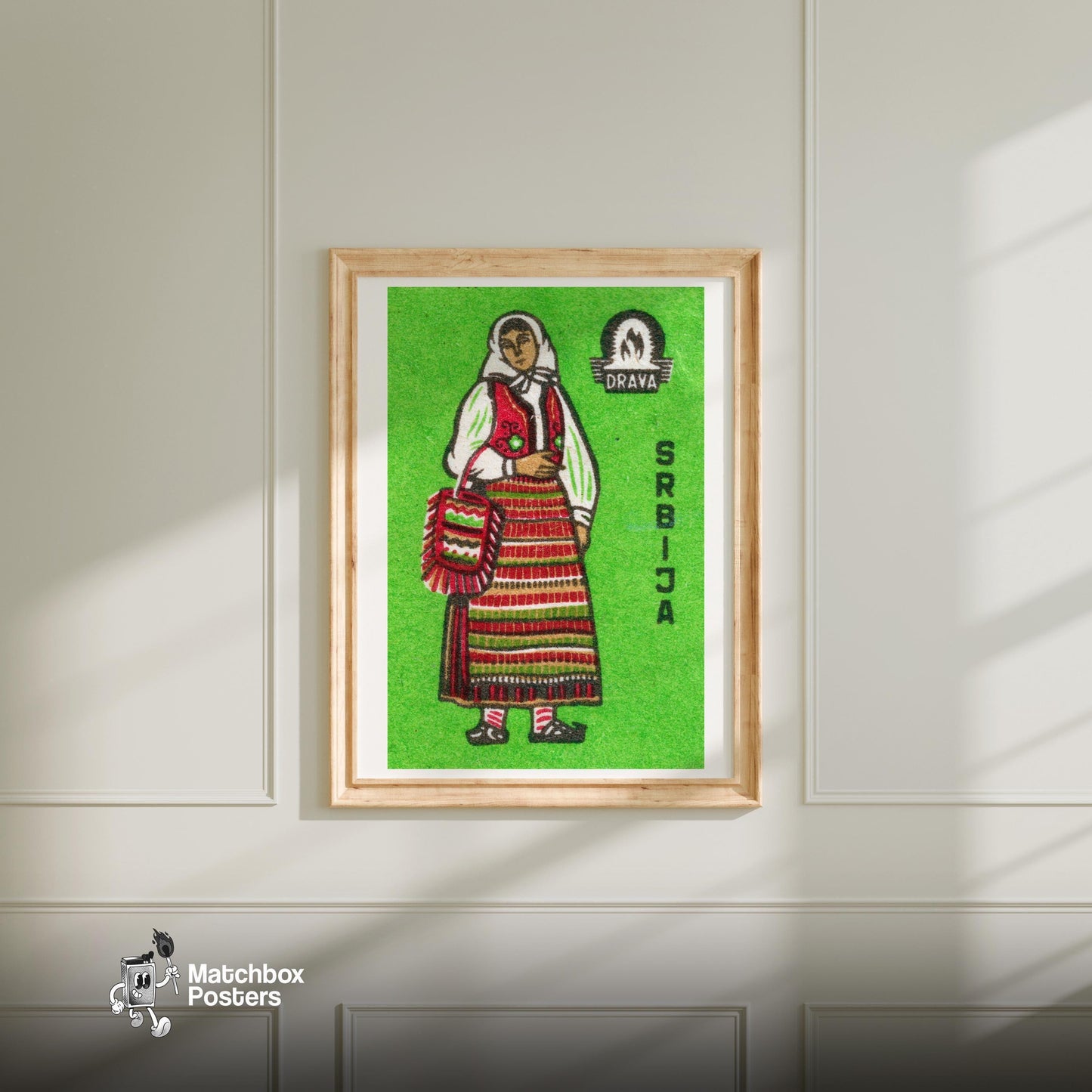 Serbian Woman - vintage matchbox label print - bedroom mockup