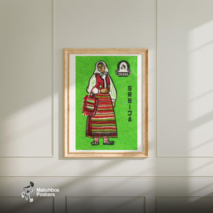 Serbian Woman - vintage matchbox label print - bedroom mockup