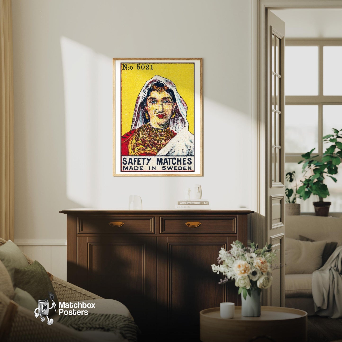 Indian Woman - vintage matchbox label print - living room mockup
