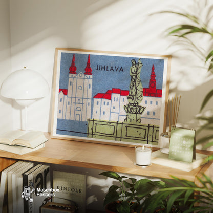 Jihlava Buildings - vintage matchbox label print - office wall