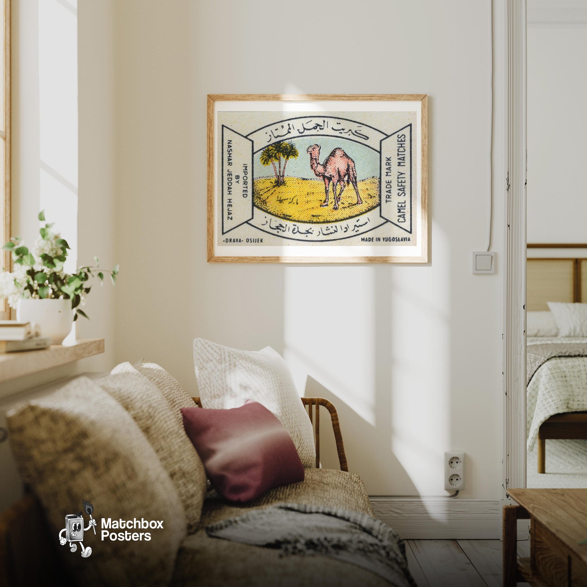 Arabian Camel - vintage matchbox label print - living room mockup
