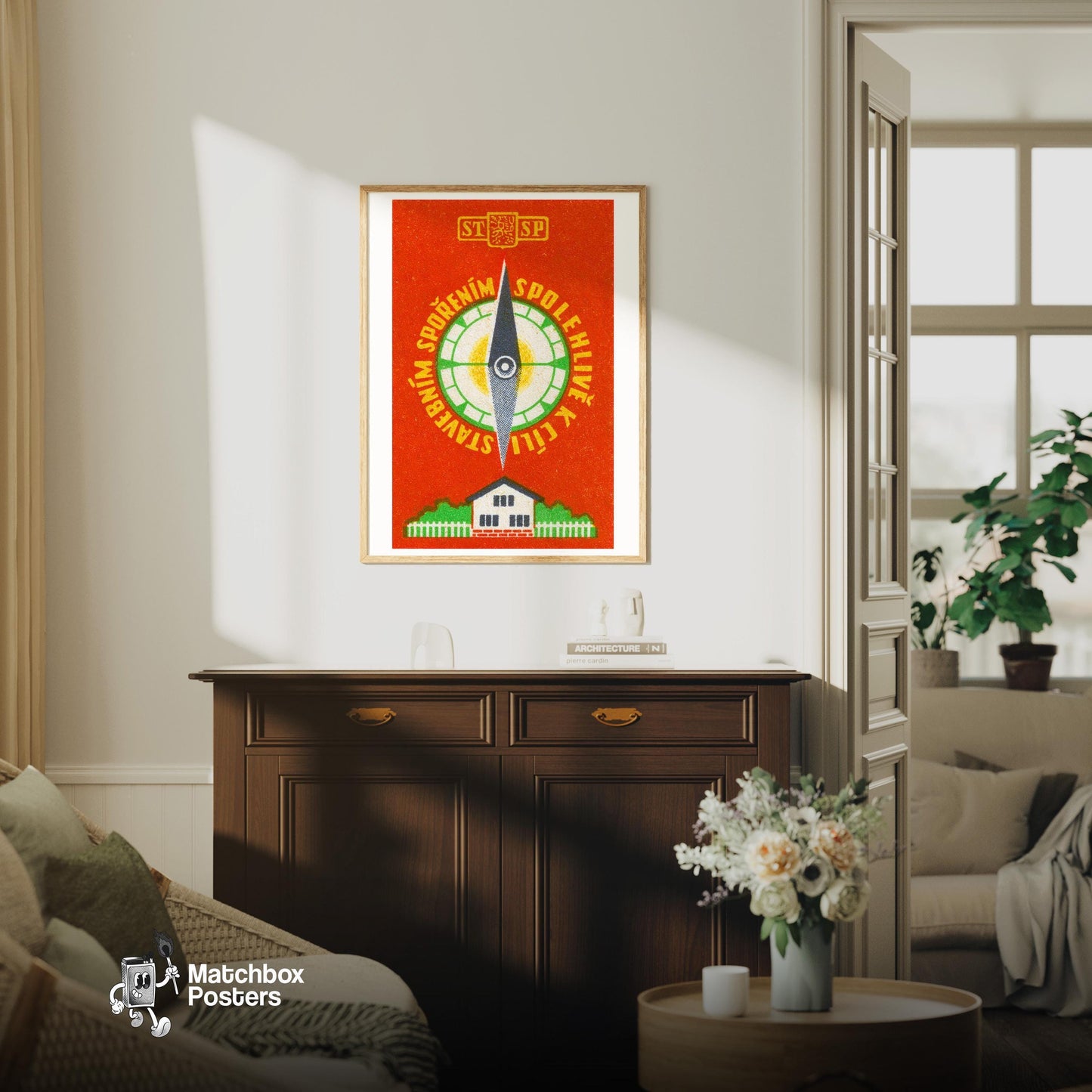 Compass - vintage matchbox label print - living room mockup