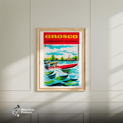 Speedboat Race - vintage matchbox label print - bedroom mockup