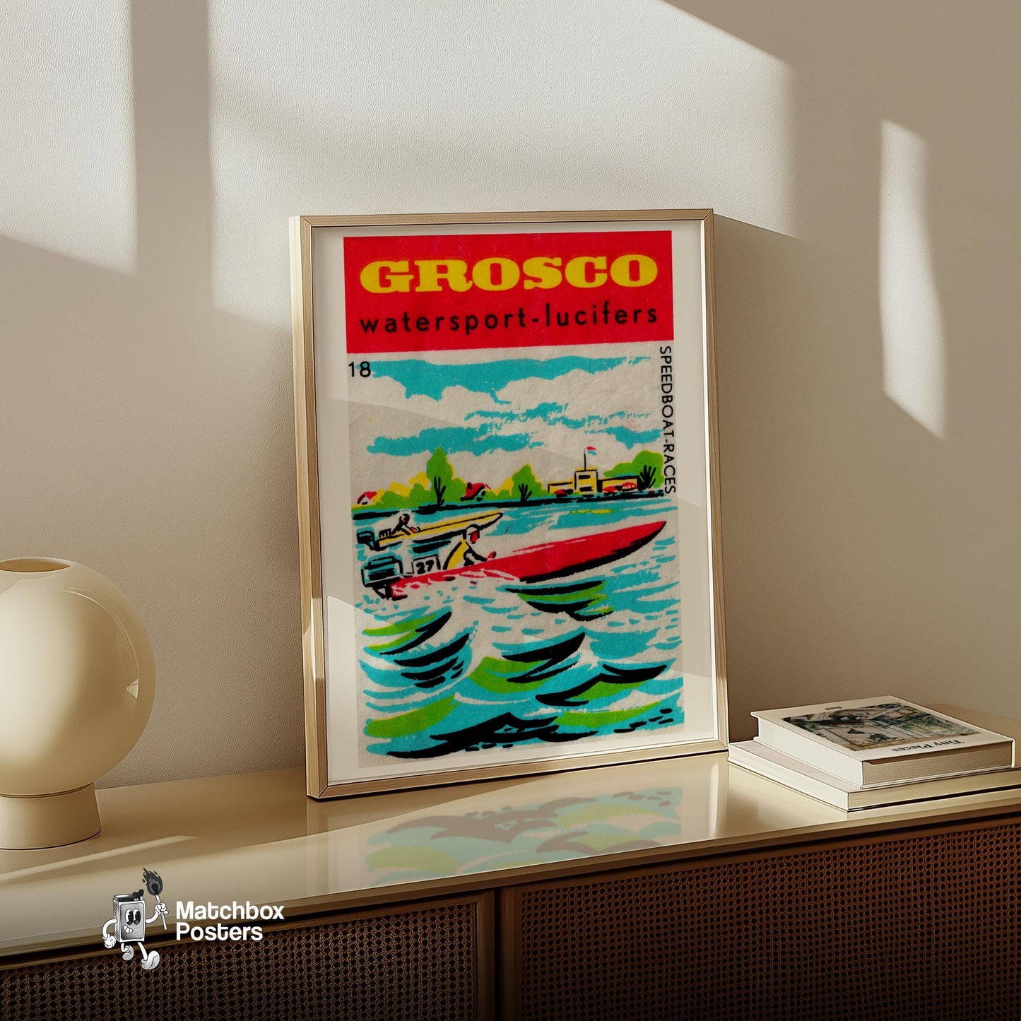 Speedboat Race - vintage matchbox label print - size comparison