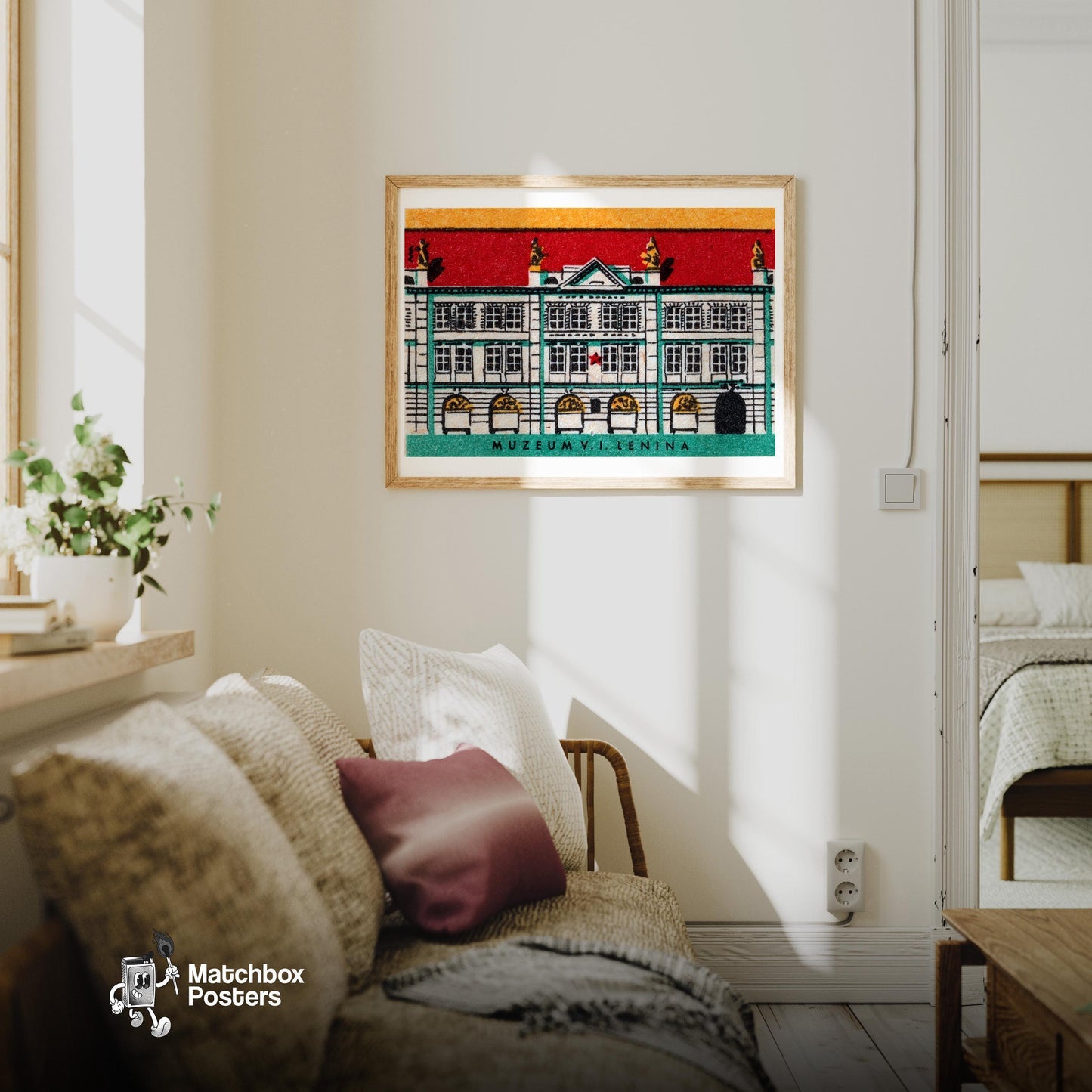 Lenina Museum - vintage matchbox label print - living room mockup