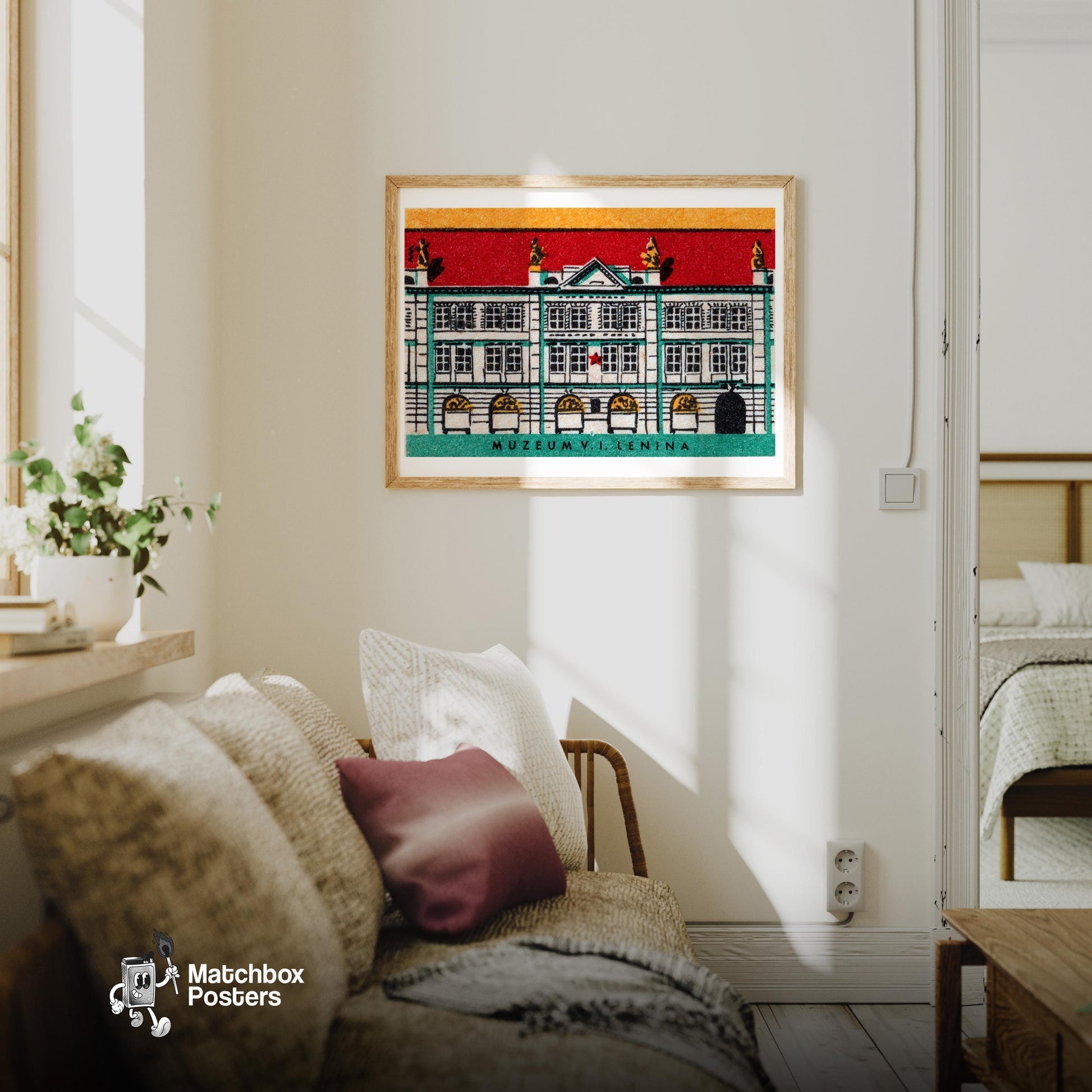 Lenina Museum - vintage matchbox label print - living room mockup