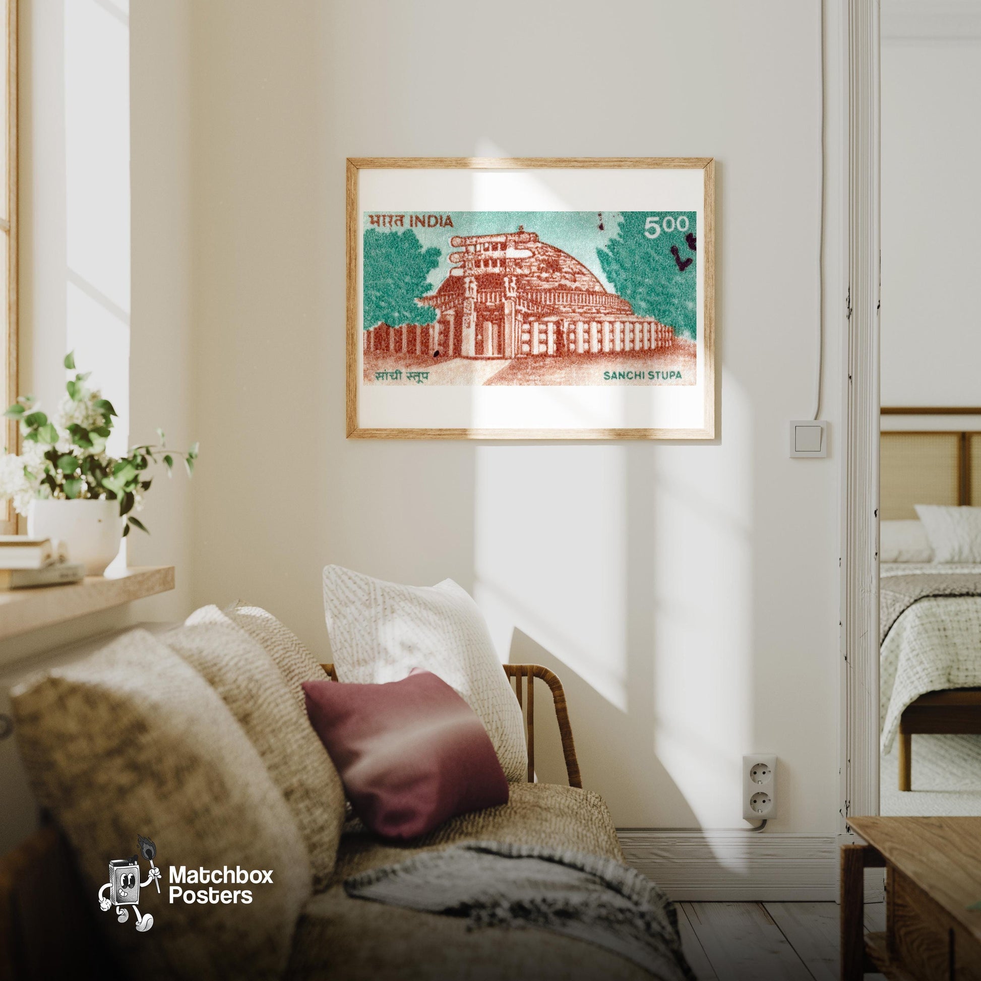 Sanchi Stupa - vintage matchbox label print - living room mockup