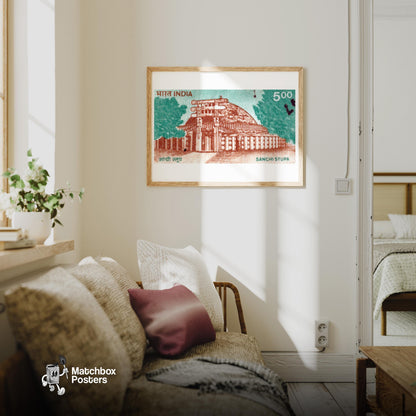 Sanchi Stupa - vintage matchbox label print - living room mockup