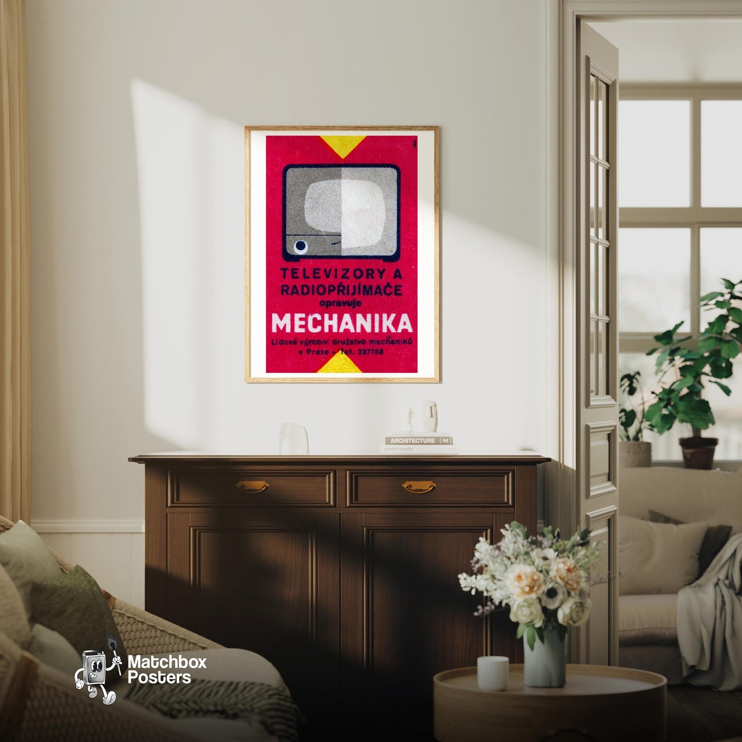 Television and Radio - vintage matchbox label print - living room mockup