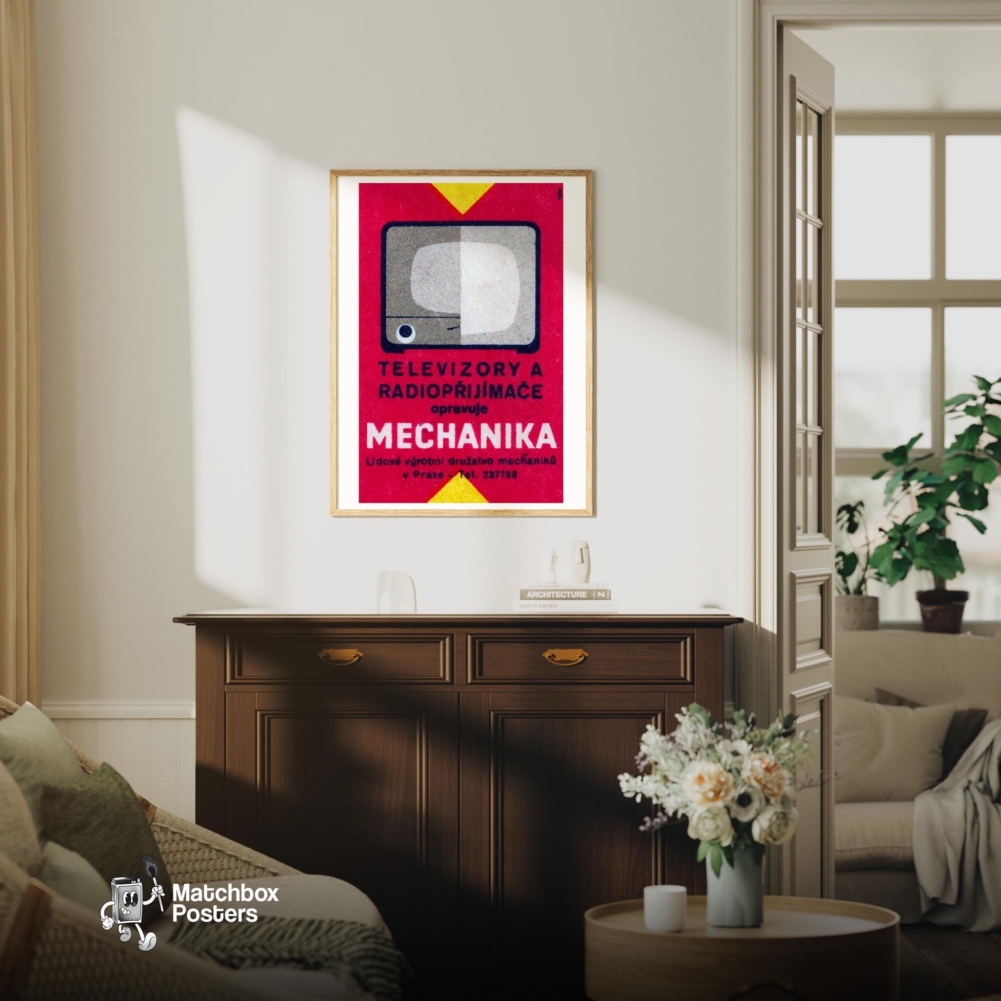 Television and Radio - vintage matchbox label print - living room mockup