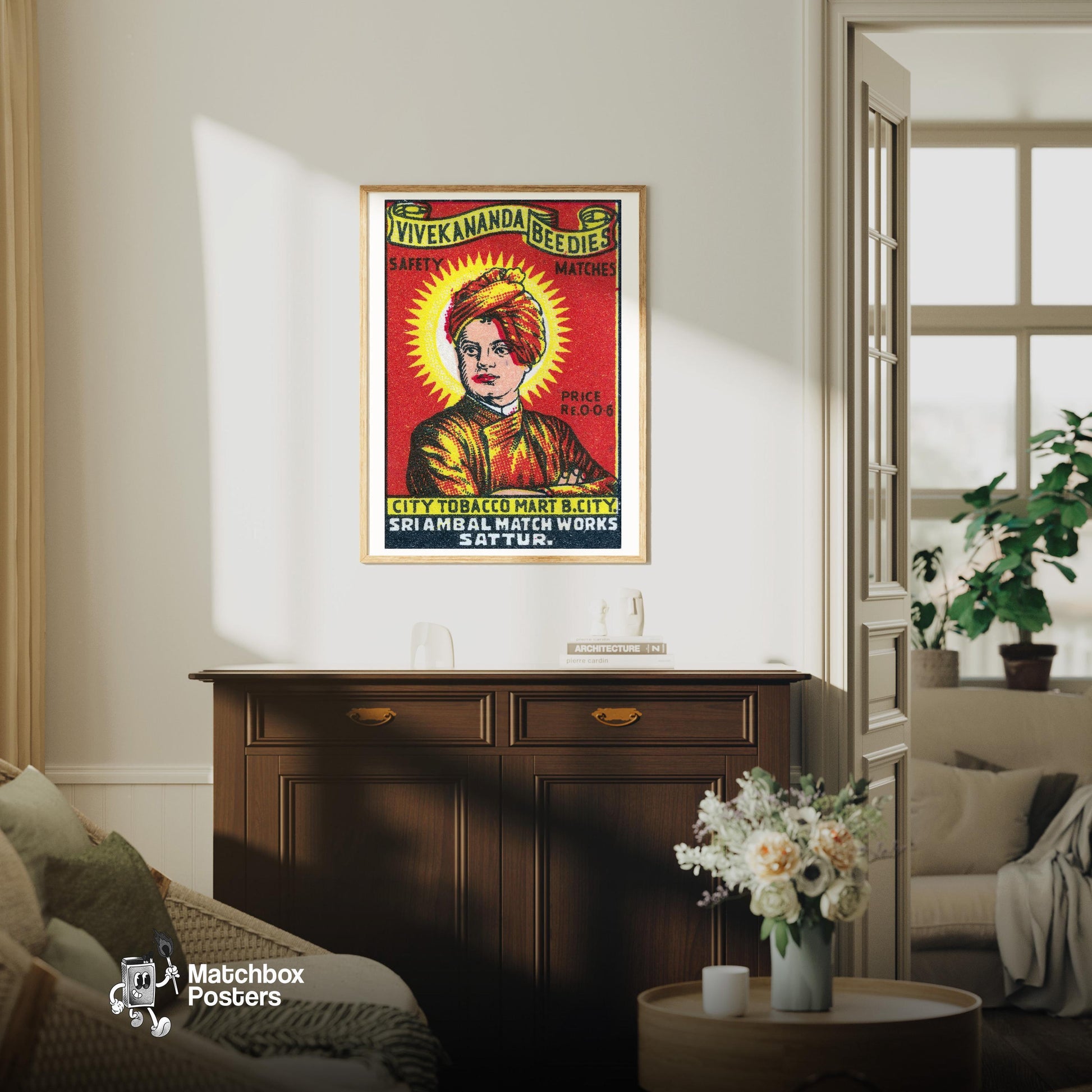 Man in Red Turban - vintage matchbox label print - living room mockup