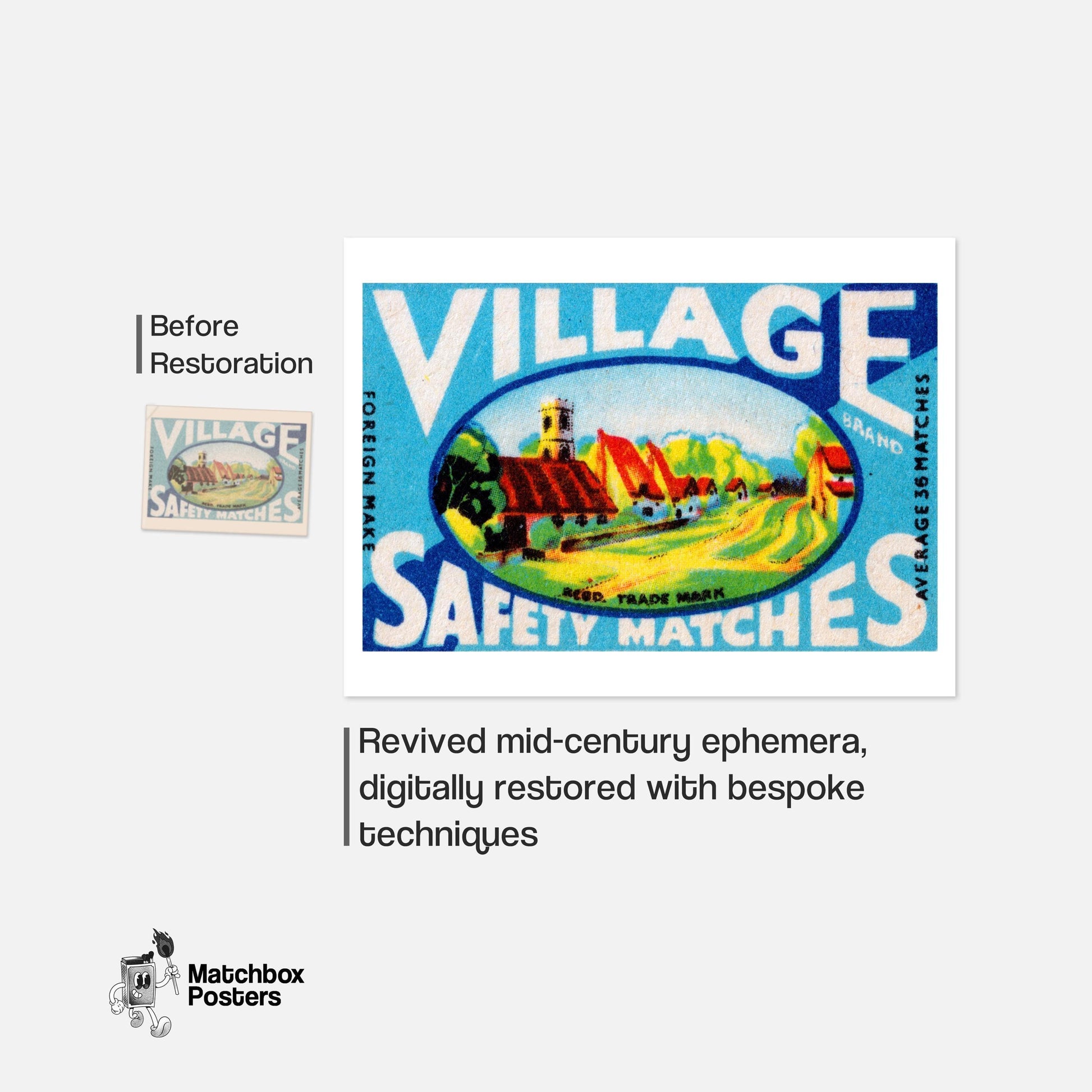 Countryside Village - vintage matchbox label print - framed wall art preview