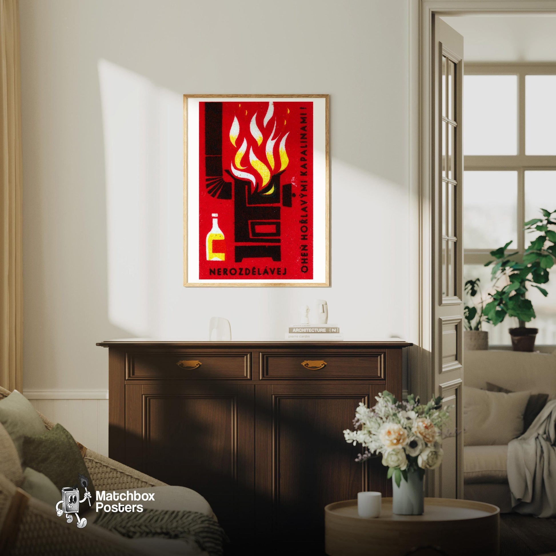 Danger of Flammable Liquid - vintage matchbox label print - living room mockup
