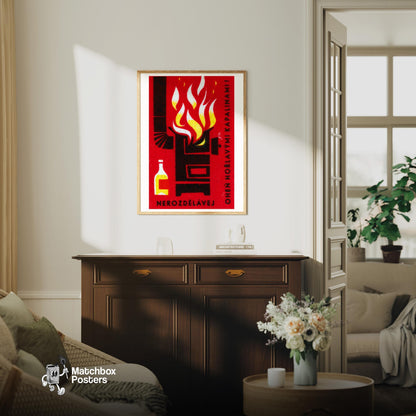 Danger of Flammable Liquid - vintage matchbox label print - living room mockup