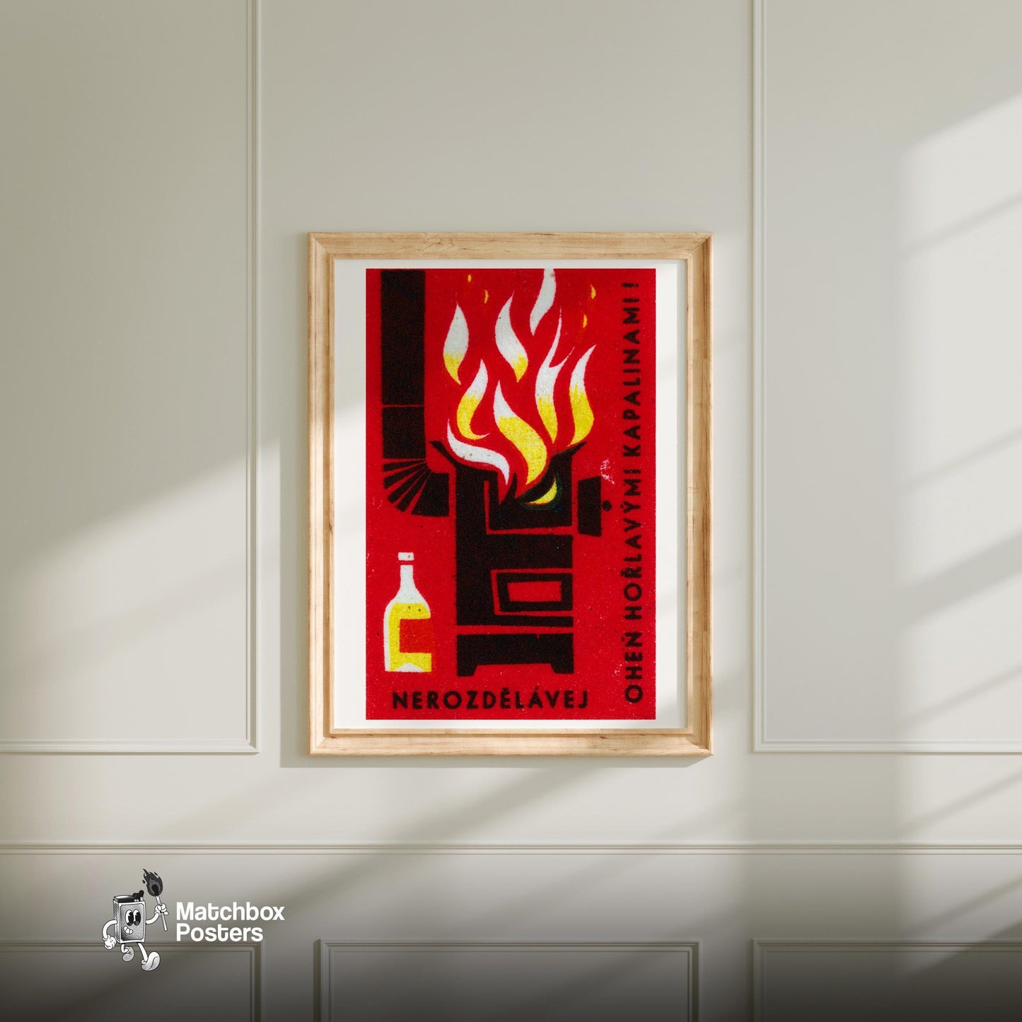 Danger of Flammable Liquid - vintage matchbox label print - bedroom mockup