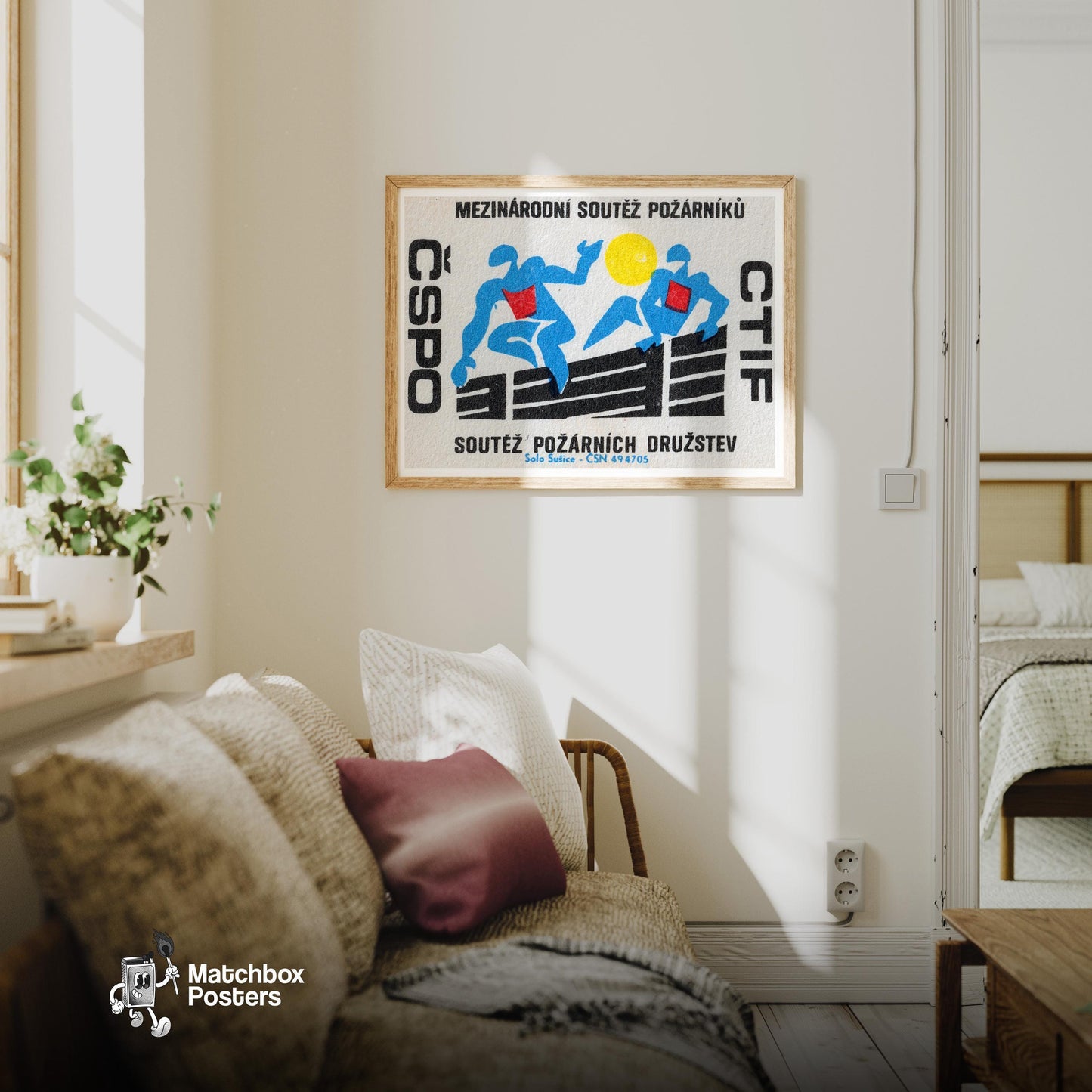 Running Firefighters - vintage matchbox label print - living room mockup