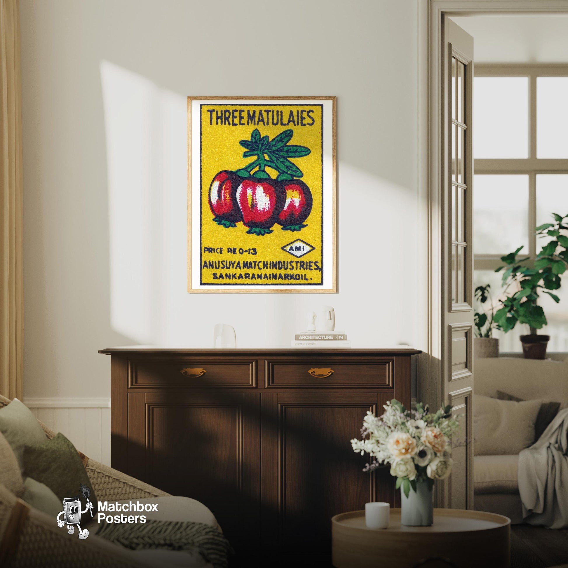 Red Fruit - vintage matchbox label print - living room mockup