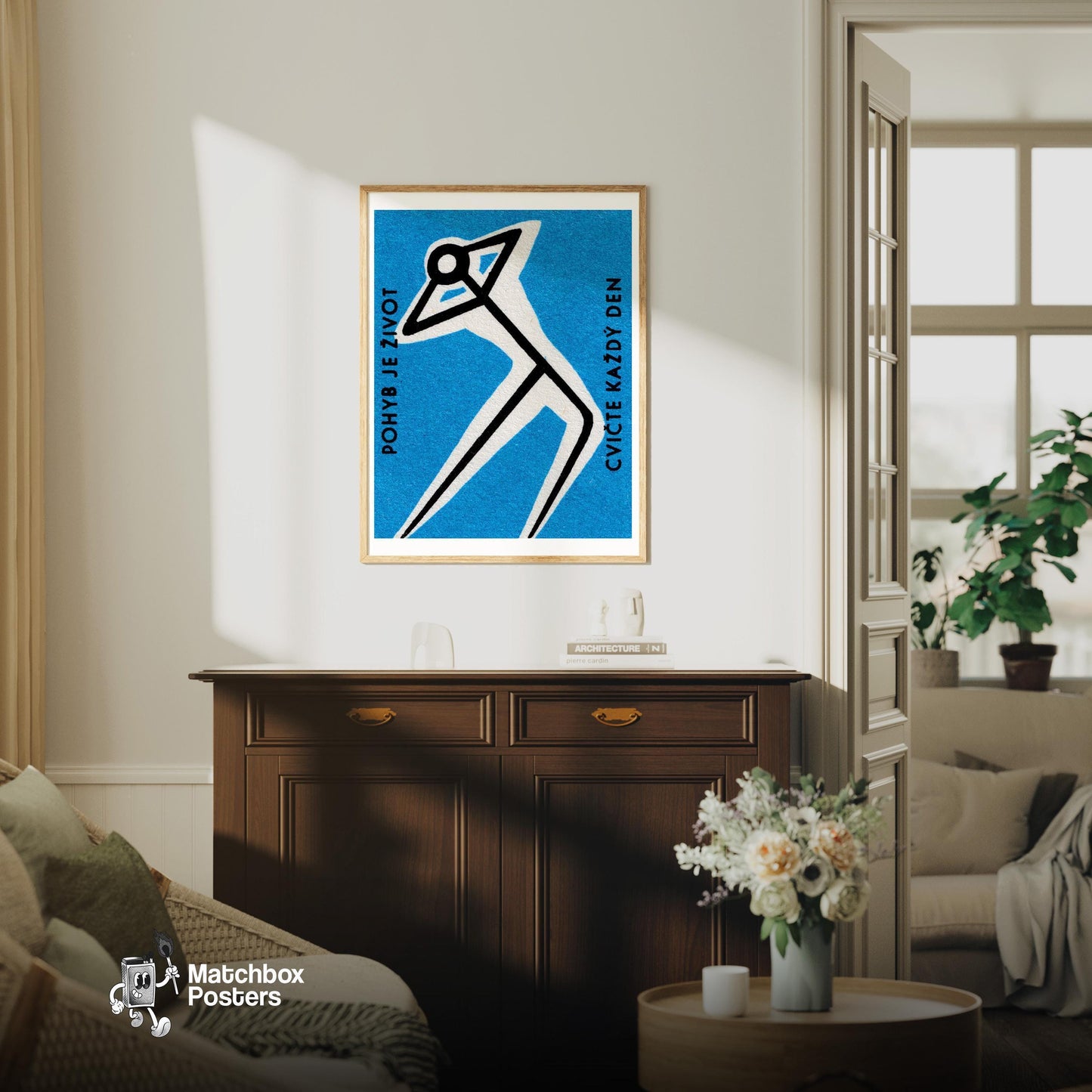 Stretching for Health - vintage matchbox label print - living room mockup