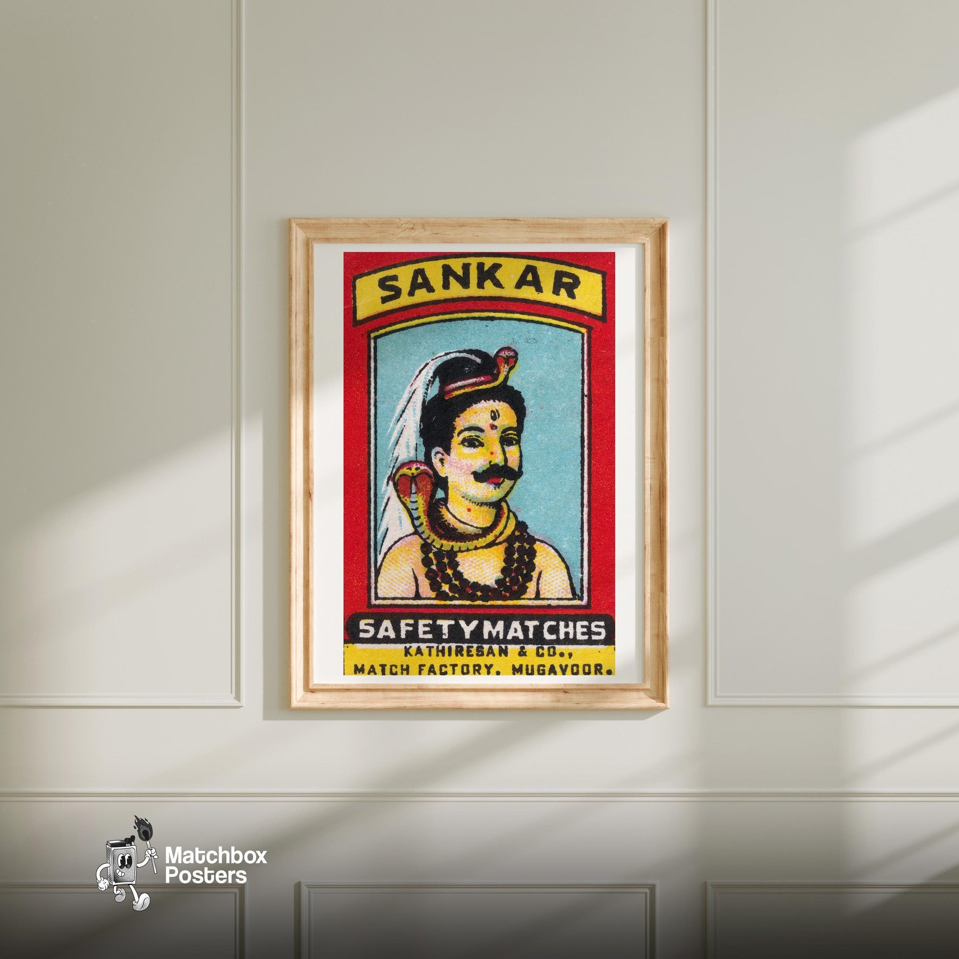 Mythological Figure with Snake - vintage matchbox label print - bedroom mockup