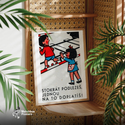 Children Climbing Barrier - vintage matchbox label print - office wall