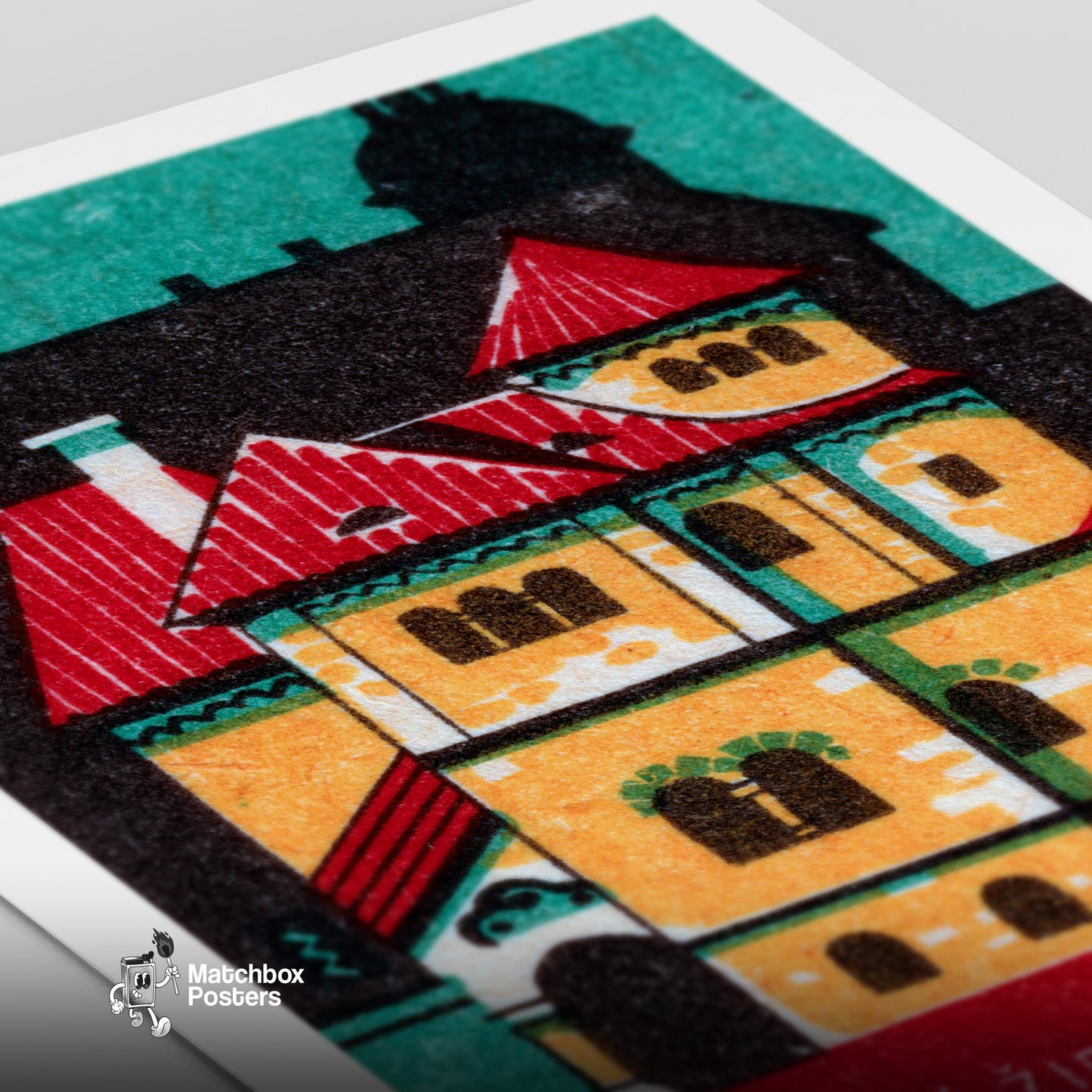 Stylized Building - vintage matchbox label print - close-up detail