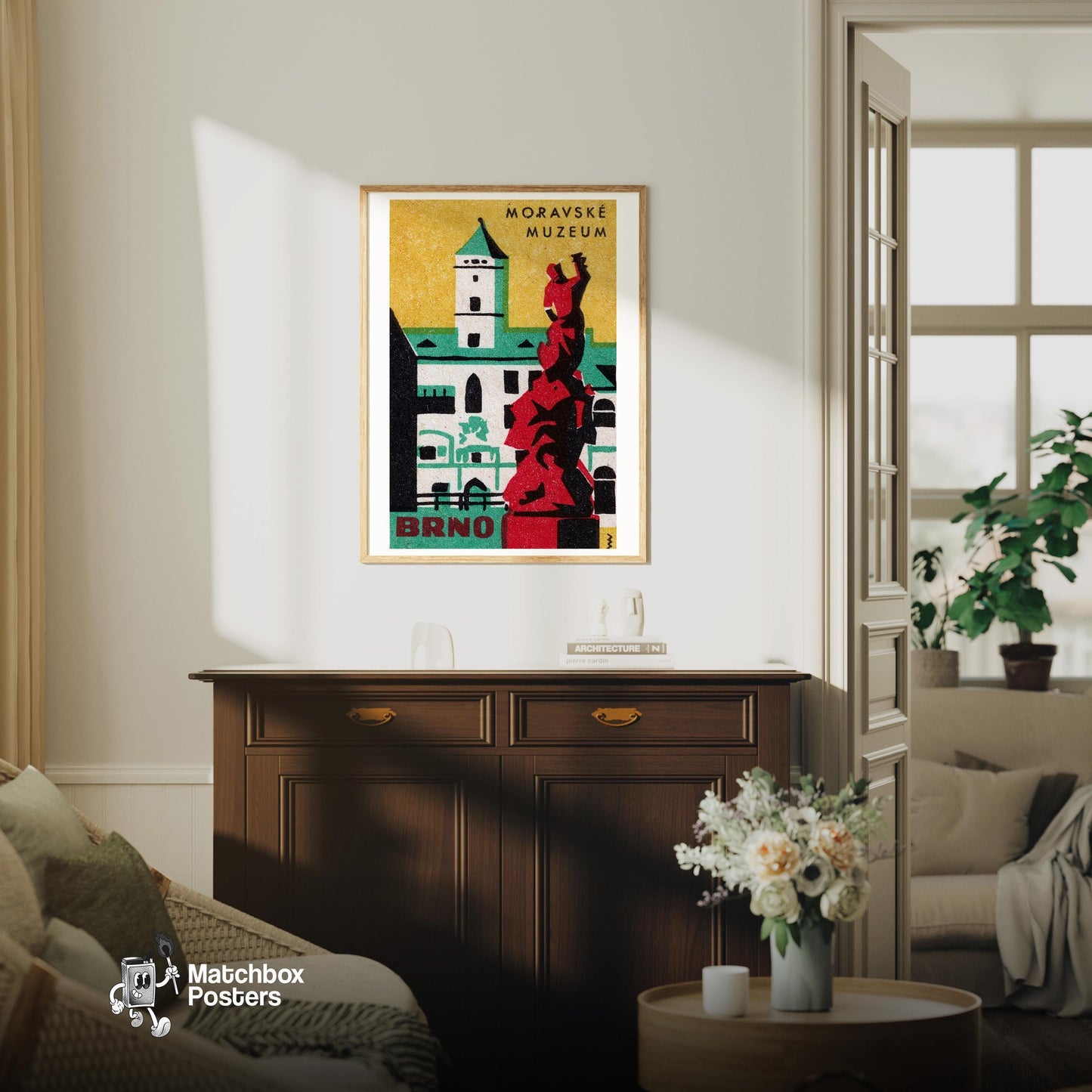Moravské Muzeum - vintage matchbox label print - living room mockup