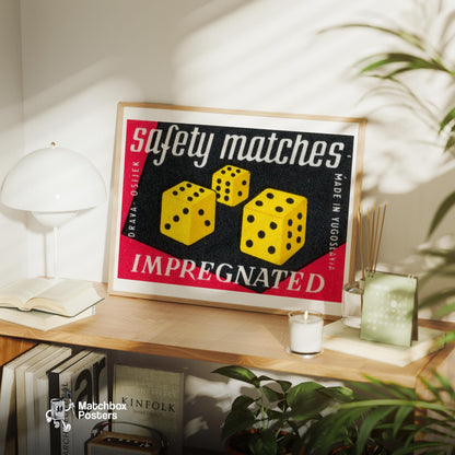 Dice - vintage matchbox label print - office wall
