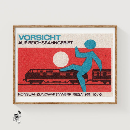 Train with Warning Figure - vintage matchbox label print
