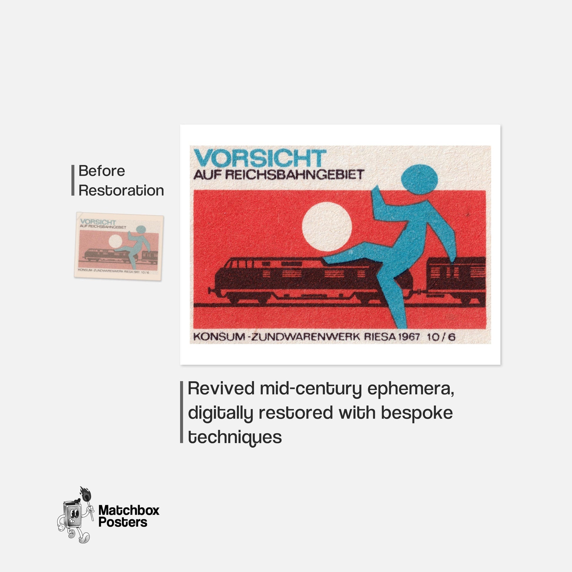 Train with Warning Figure - vintage matchbox label print - framed wall art preview